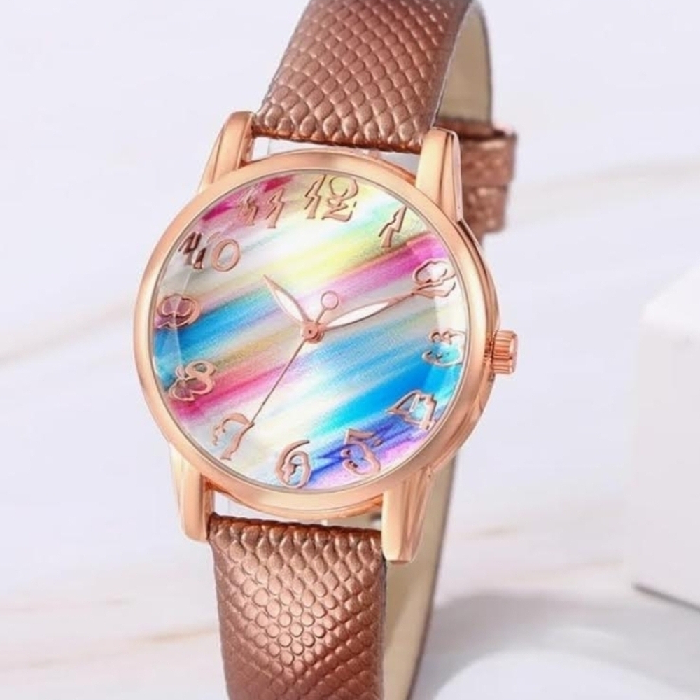 NEW!  Iridescent Rainbow Dial Rose Gold Watch with Brown Strap